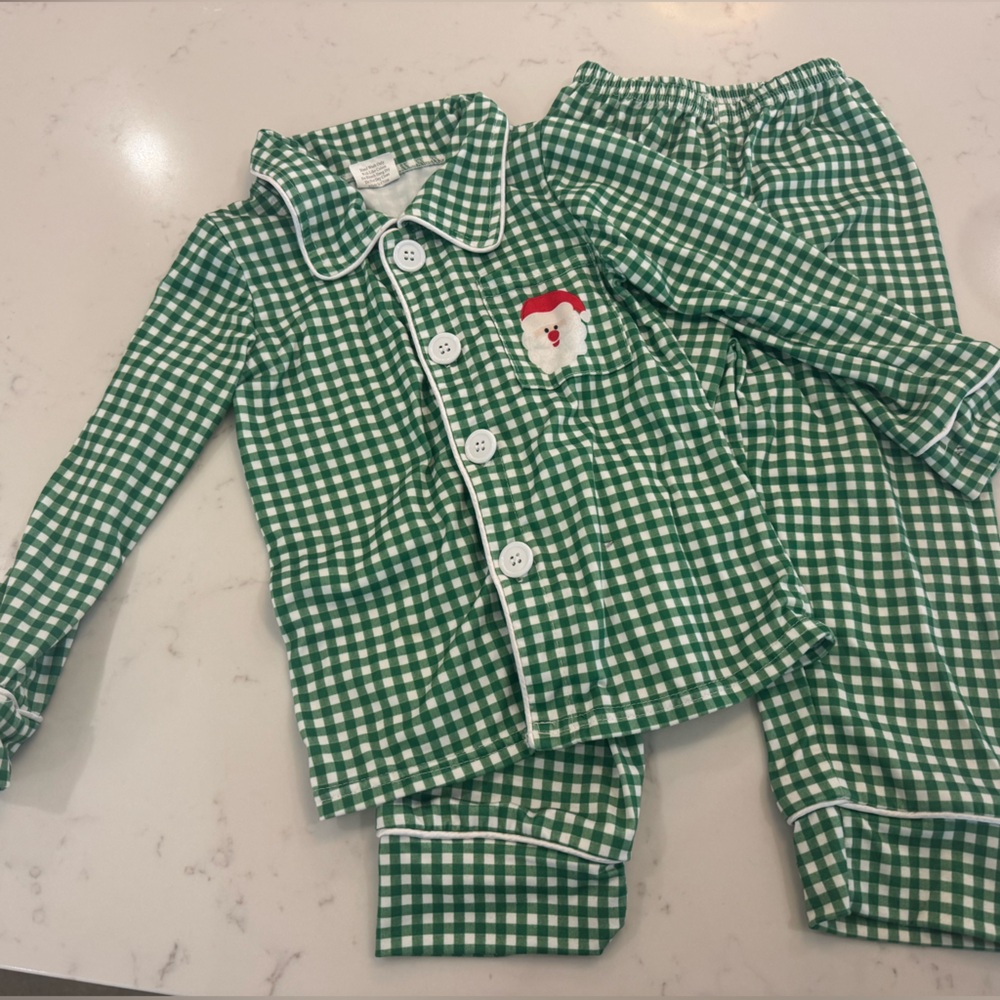 3T Green Gingham Children’s Christmas Pajama Set with Santa Patch
